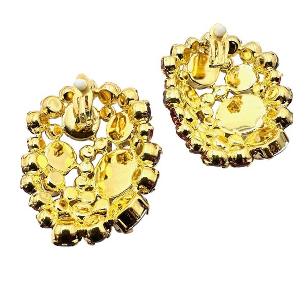 Oversized Pink Rhinestone Rivoli Gold Tone Earrings Clip Chandelier Statement - Picture 2 of 4